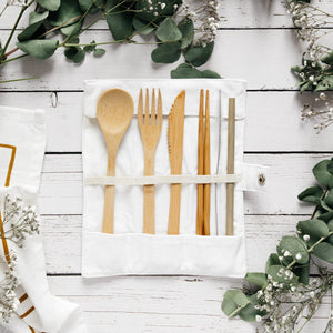 6 pieces of Bamboo cutlery set with storage pocket