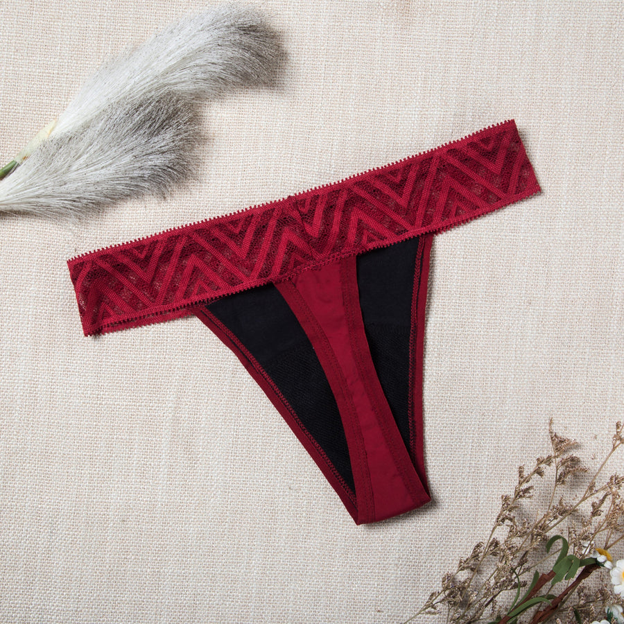 Red menstrual thong with lace